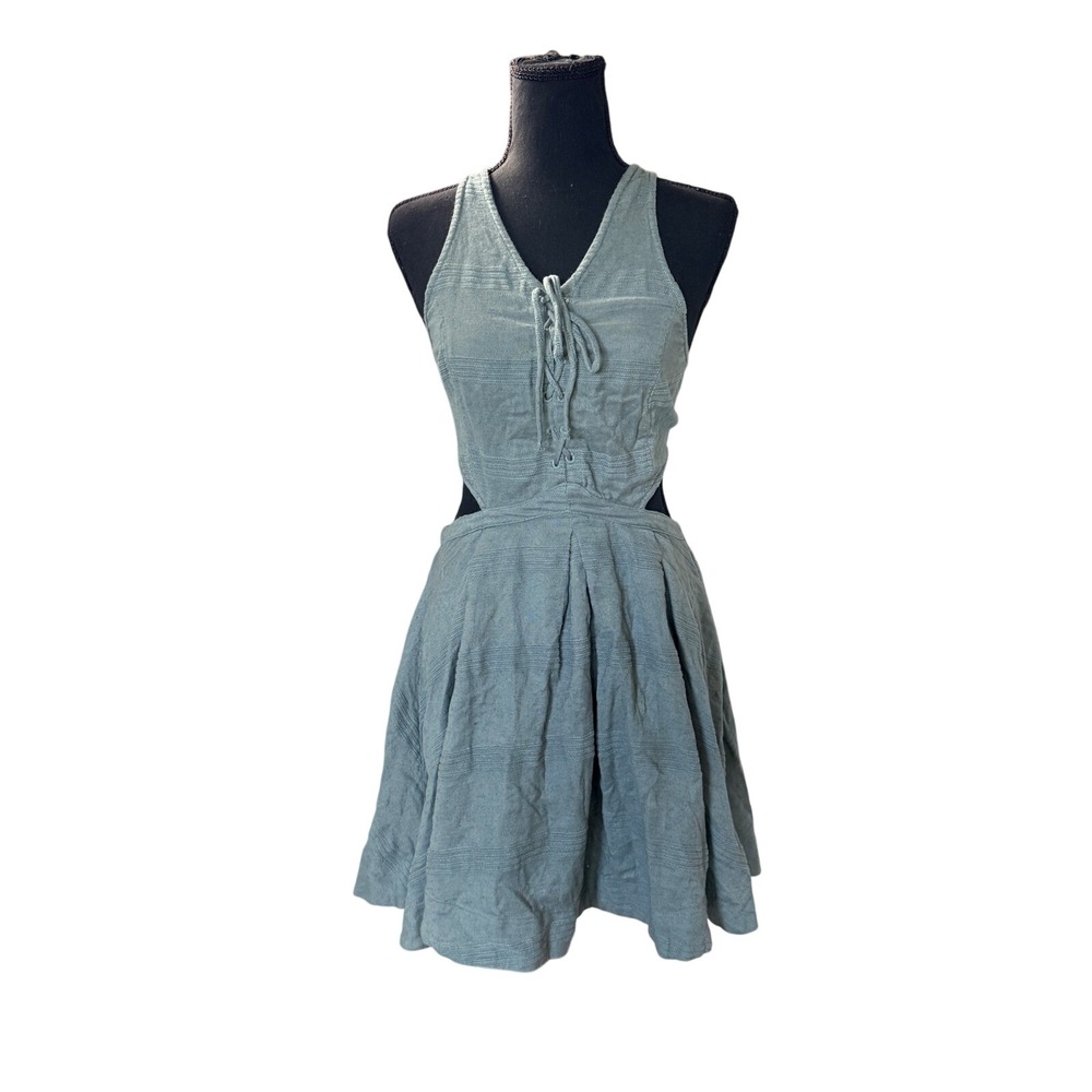 Free People Sage Green Linen Blend Lace Up Cutout Mini Dress Small